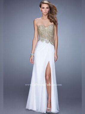 La Femme Gold & White Strapless Sweetheart Neckline Chiffon Corset Formal Dress